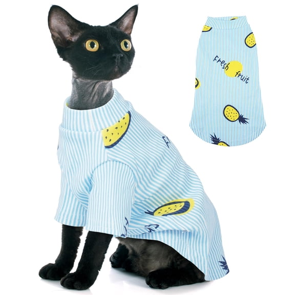 ZZ Sphynx Cat Clothes, Stretchy Hairless Cats Shirt, Soft Cat Pajamas, Pullover Kitten Sweater, Cute Kitten Clothes for Sphynx Cornish Rex, Devon Rex, Blue Stripes Pineapple Print, XL