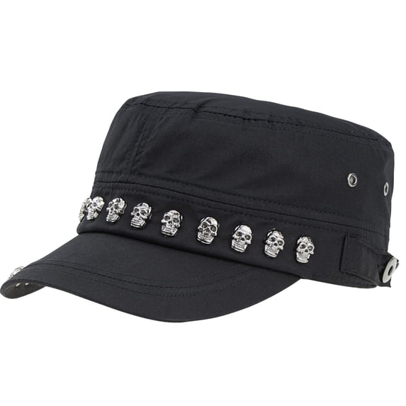 ZZ Unisex Skull/Skeleton Studded Punk-Army-Cap Cool Flat Cap (Size: S-M)