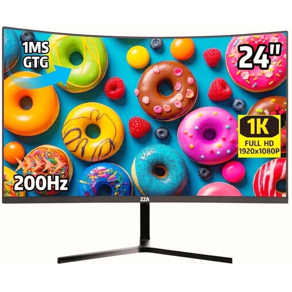 ZZA 24" Curved Gaming Monitor, 200Hz FHD 1080P Frameless, 1ms AMD FreeSync, Low Motion Blur, Eye Care, DP HDMI, VESA Mount, for PC PS5 Home Office, Black