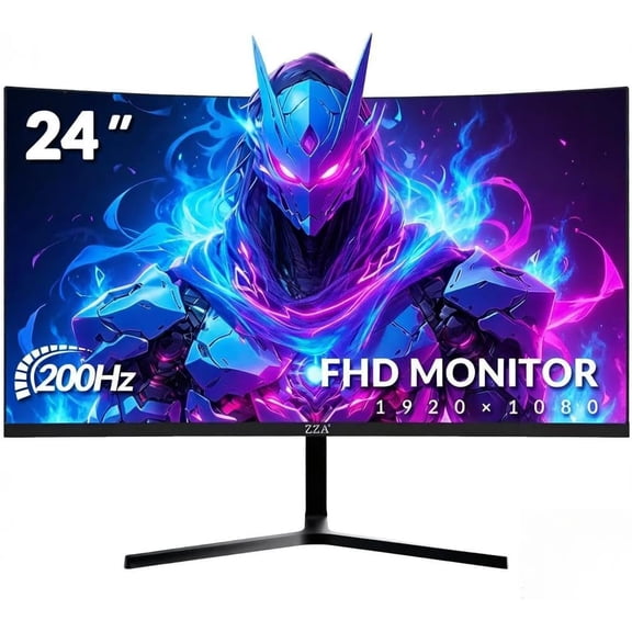 ZZA 24 Inch 200hz/180hz Curved Gaming Monitor, FHD 1080P Frameless Computer Screen, AMD FreeSync, Low Motion Blur, Eye Care for Home Office & PS5, DisplayPort & HDMI, VESA Mount - Black