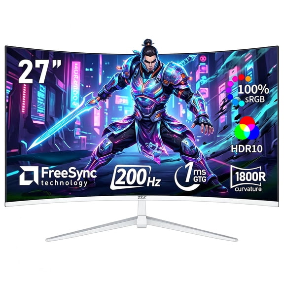 ZZA 27" 200Hz Curved Gaming Monitor,FHD 1800R White Computer Monitor,120% sRGB,FreeSync,Low Motion Blur,HDMI & DP