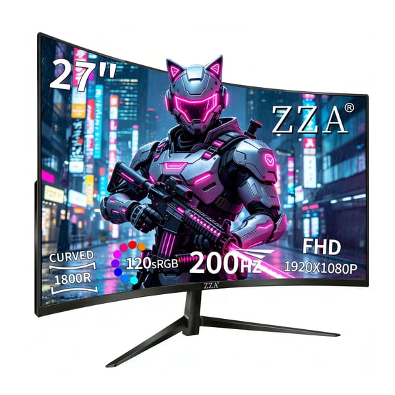 ZZA 27" Curved Gaming Monitor, 200Hz FHD 1080P VA Panel, 1ms Response Time, AMD FreeSync, HDR, Frameless Design, HDMI & DisplayPort, VESA Mountable, for PC Desktop Laptop PS5 Home Office, Black
