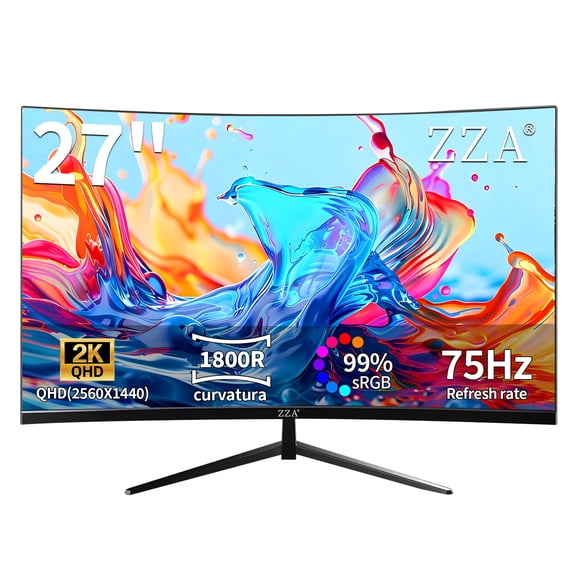 ZZA 27" Curved Gaming Monitor 2560x1440 QHD, 75Hz Refresh Rate, Eye Care Technology, HDMI & DisplayPort, Height Adjustable, VESA Wall Mount, for Work from Home & Entertainment