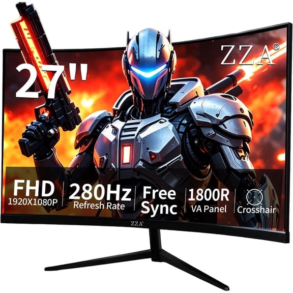 ZZA 27" Curved Gaming Monitor, 280Hz FHD 1080P 1ms, AMD FreeSync Premium, 100% sRGB, Low Motion Blur, Eye Care, HDMI & DisplayPort, VESA Mountable, for PC Desktop Laptop PS5 Home Office, Black