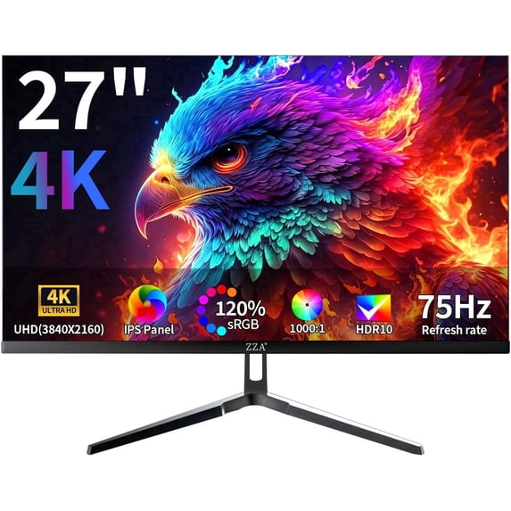 ZZA 27 Inch 4K UHD 3840*2160P Computer Monitor, 75Hz IPS Flat Monitor, 120% sRGB, 300cd/㎡ Brightness, HDR10 & AMD FreeSync, 2×HDMI 2.0 & 2×DP 1.2, Ideal for Business & Office Work