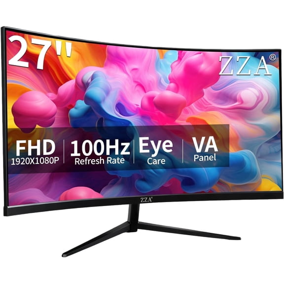 ZZA 27 inch 100Hz Curved Monitor with 1K 1920x1080 Computer Screen 27 inch FHD with HDMI,VGA and Wall Mountable|1080P Frameless Eye Care PC Office Display for Working and Gaming