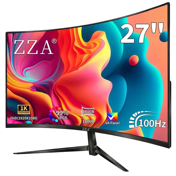 ZZA 27 inch 100Hz Curved Monitor with 1K 1920x1080 Computer Screen 27 inch FHD with HDMI,VGA and Wall Mountable|1080P Frameless Eye Care PC Office Display for Working and Gaming