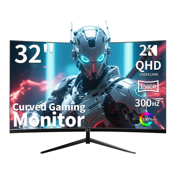 ZZA 32" Curved Gaming Monitor, 300Hz QHD 2560x1440, 1500R VA Panel, AMD FreeSync, 120% sRGB, HDR, HDMI 2.1 & DisplayPort 1.4, VESA Mount, Tilt Adjustable, for PC Desktop PS5 Home Office, Black