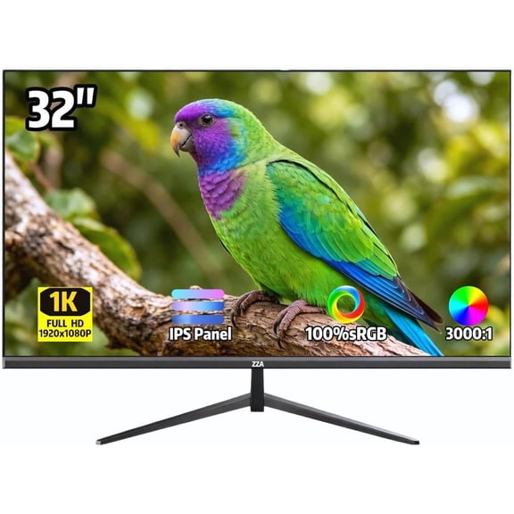 ZZA 32 Inch FHD 1080p Monitor, IPS 60Hz Computer Monitor for Gaming and Office, AMD FreeSync, 178 Ultra-Wide Viewing Angle, VESA 100x100mm Mountable, Tilt Adjustable - Black