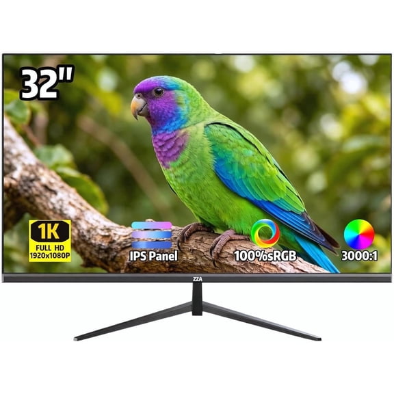 ZZA 32 Inch FHD 1080p Monitor, IPS 60Hz Computer Monitor for Gaming and Office, AMD FreeSync, 178 Ultra-Wide Viewing Angle, VESA 100x100mm Mountable, Tilt Adjustable - Black