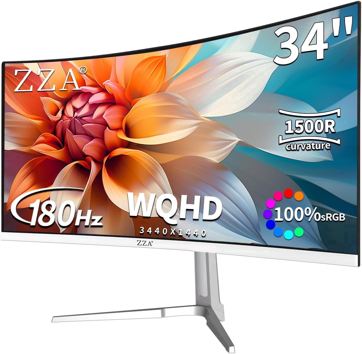 ZZA 34" Curved Gaming Monitor - 165Hz/180Hz WQHD (3440x1440P) UltraWide, FreeSync, 100% sRGB, HDMI 2.1 & DP 1.4, PBP Mode, Wall-Mountable - White