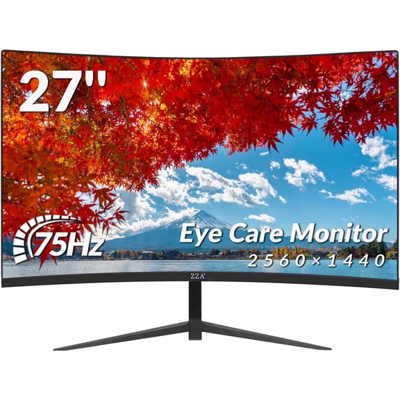 ZZA 27 Inch 2K QHD Curved Monitor 75Hz, VA Panel with HDMI/DP, Tilt & VESA Mount, Low Blue Light, Dual Use for Office Desk & PC Gaming Setup