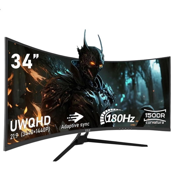 ZZA 34" Curved Ultrawide Gaming Monitor, WQHD 3440x1440 180Hz, 1500R VA Panel, AMD FreeSync Premium, HDR10, 99% sRGB, HDMI & DisplayPort, VESA Mount, for PC Desktop Laptop PS5 Home Office, Black