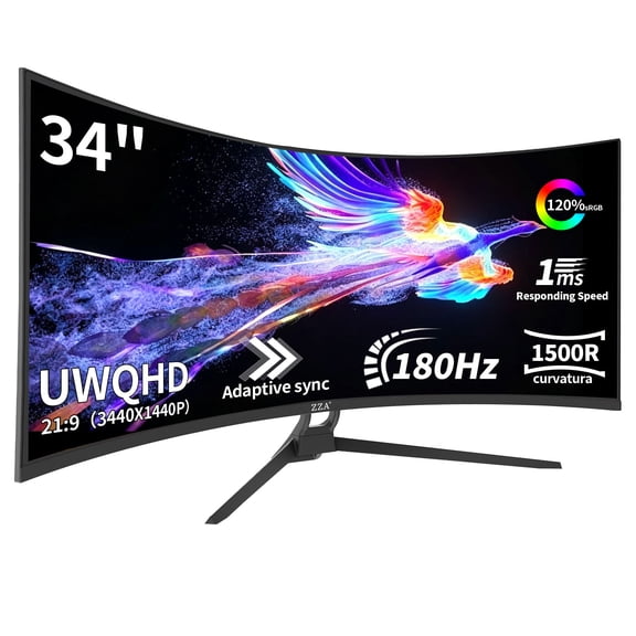 ZZA 34" Curved Ultrawide Gaming Monitor, WQHD 3440x1440 180Hz, 1500R VA Panel, AMD FreeSync Premium, HDR10, 99% sRGB, HDMI & DisplayPort, VESA Mount, for PC Desktop Laptop PS5 Home Office, Black