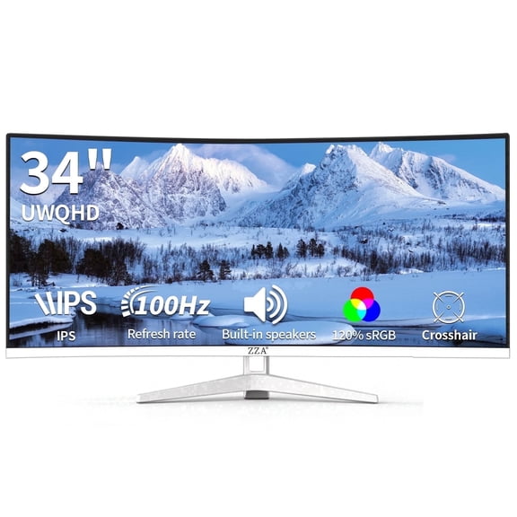ZZA 34 inch White Curved Ultrawide Gaming Monitor, UWQHD 3440x1440, 100Hz, 21:9 3800R, 120% sRGB, Built‑in Speakers, HDMI DP, VESA Mountable