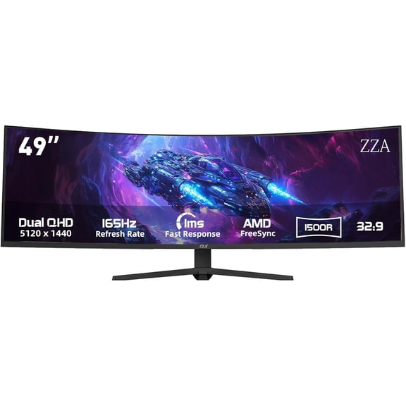 ZZA 49" Curved Gaming Monitor | 5120x1440 Dual QHD, 165Hz, 1500R, 32:9 Ultra-Wide, AMD FreeSync, 120% sRGB, Height Adjustable, HDMI 2.1 & DisplayPort 1.4, VESA Mount, Black