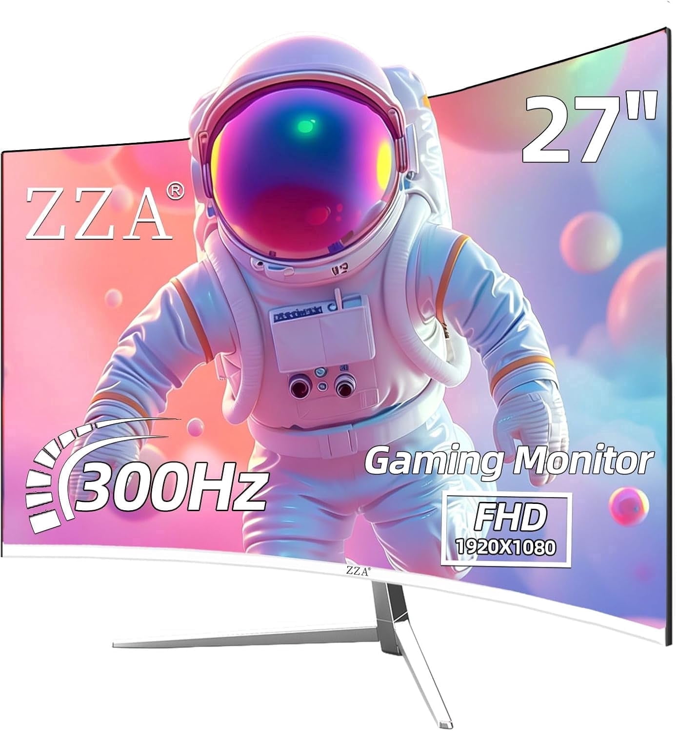 ZZA White 27 Inch Curved Gaming Monitor, 300Hz 1ms Full HD 1080P