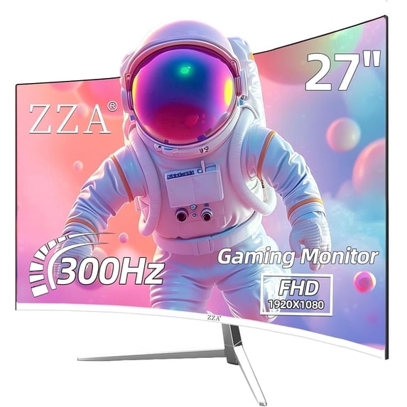 ZZA White 27 Inch Curved Gaming Monitor, 300Hz 1ms Full HD 1080P, AMD FreeSync Premium, Eye Care with Flicker-Free, HDMI DisplayPort, VESA Mount, for Home Office Gaming PC Computer