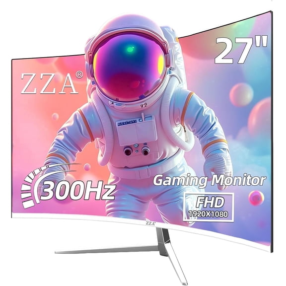 ZZA White 27 Inch Curved Gaming Monitor, 300Hz 1ms Full HD 1080P, AMD FreeSync Premium, Eye Care with Flicker-Free, HDMI DisplayPort, VESA Mount, for Home Office Gaming PC Computer