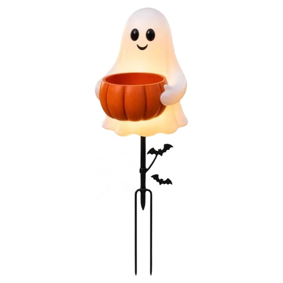 ZZAIXHL 17.72in Halloween Decorations Outdoor Ghost Pumpkin Solar Lights Garden Stake Cute Ghosts with Candy Bowl Metal Cat Bat Solar Pathway Lights Stake
