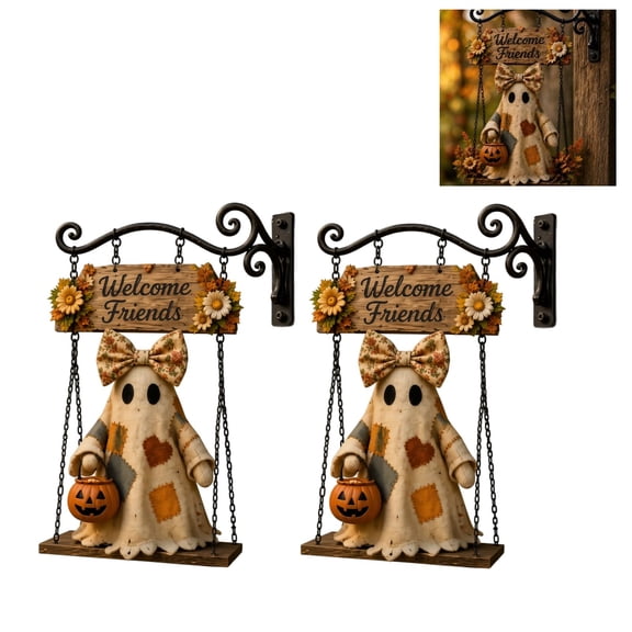 ZZAIXHL 2Pack Rustic Patchwork Ghost Swing Wall Sign with Metal Hanging Bracket 13.97in Welcome Friends Fall Floral Pumpkin Ornament for Porch Entryway Home Wall Decor