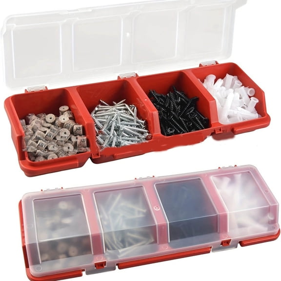 ZZAIXHL 4-Compartment Small Screw Parts Box, Storage Case 1pcs Red, Electronic Hardware Accessories, Small Plastic Parts, Slanted Lid with Cover