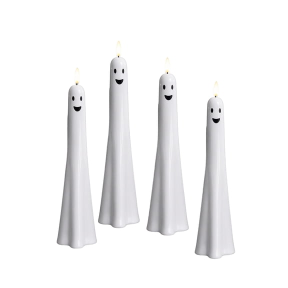 ZZAIXHL 4pack Flameless Ghostly LED Taper with emoji 9.45in for Halloween Home Decors Battery Operated Candlestick Halloween Table Centerpieces