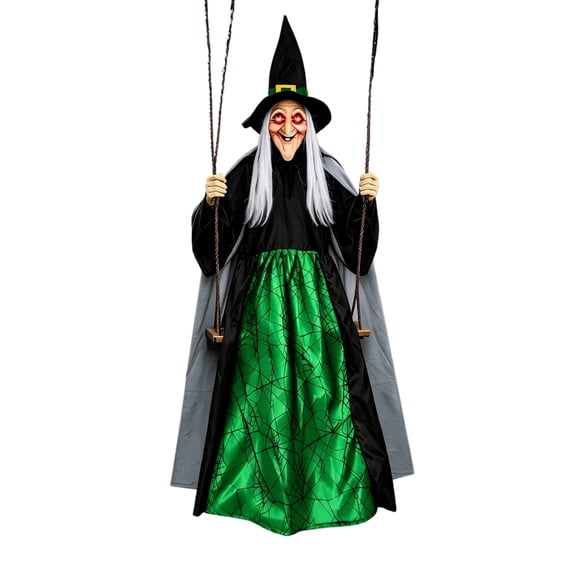 ZZAIXHL 70" Halloween Animatronics Hanging Flying Witch Purple Witch Light Up Eyes Sound Activated Halloween Decorations Outside Indoor House Props for Garden Yard