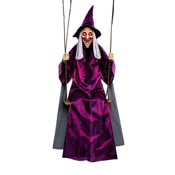 ZZAIXHL 70" Halloween Animatronics Hanging Flying Witch Purple Witch Light Up Eyes Sound Activated Halloween Decorations Outside Indoor House Props for Garden Yard