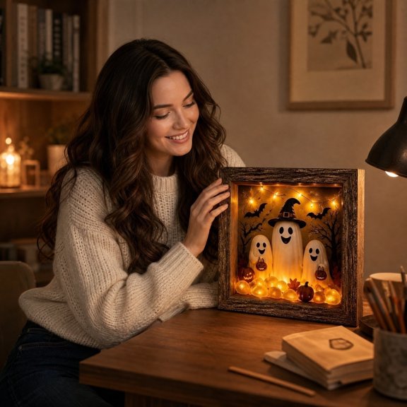 ZZAIXHL DIY Lighted Halloween Shadow Box Frame 8.5x8.5 in Rustic Wood Frame LED Memory Box with Sea Glass Stones Multiple Themed Scene Options for Shelf Mantel Tabletop Fall Decor