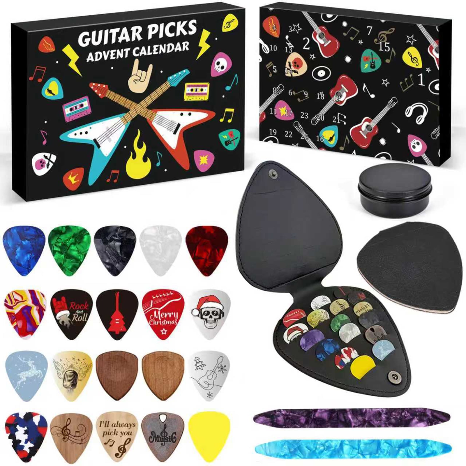 ZZAIXHL Guitar Pick Holder Case Bag with 24pcs Acoustic Guitar Colorful Picks, Variety Pack Mixed Thickness Picks 0.46mm/ 0.71mm/ 0.96mm + Little Picks Holder Set
