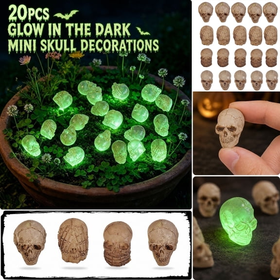 ZZAIXHL Halloween Glow in The Dark Mini Skull Decor Set 20 Pieces Realistic Tiny Resin Skull Statues Micro Landscape Miniature Skulls for Garden Flower Pot Halloween Party Favor Decorations
