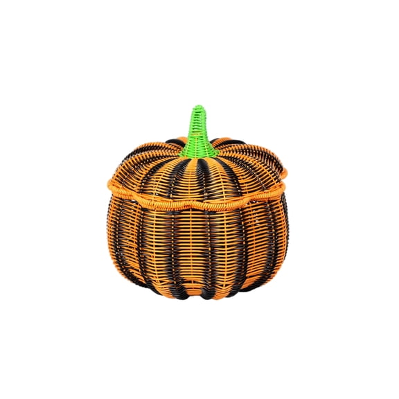 ZZAIXHL Hand-Woven Rattan Pumpkin Shaped Wicker Storage Basket with Lid 11.26in Organizer Bin for Snacks, Candy, Fruit Home Halloween Decoration
