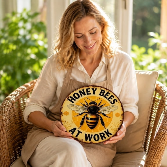 ZZAIXHL Honey Work Sign Pattern Tin Sign Plaque Wall Decor for Cafe, Club Bar, Office, Home Garden Round 12x12Inch