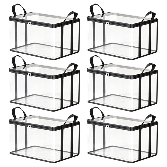 ZZAIXHL Large Clear Thick Plastic Storage Box With Hinged Lid Foldable Clear Storage Zipper Containers with Handles black Massive Capacity Plastic Moving Bags for College Home 6pcs