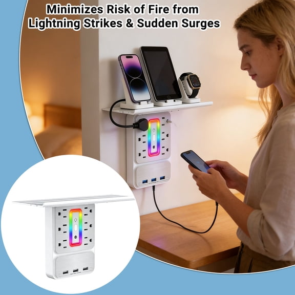 ZZAIXHL Socket Outlet Shelf,Wall Outlet Extender Surge Protector with Nightlight,6 Outlets with 3 USB Ports(1 USB C) Plug Expander Charger Shelf with Storage for Home