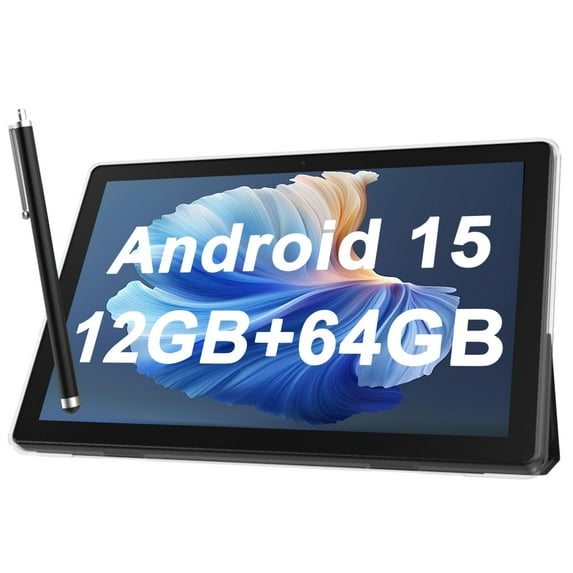 ZZB 2 in 1 Android 15 Tablet 10 inch with protective case and stylus pen, 12GB RAM 64GB ROM, Black
