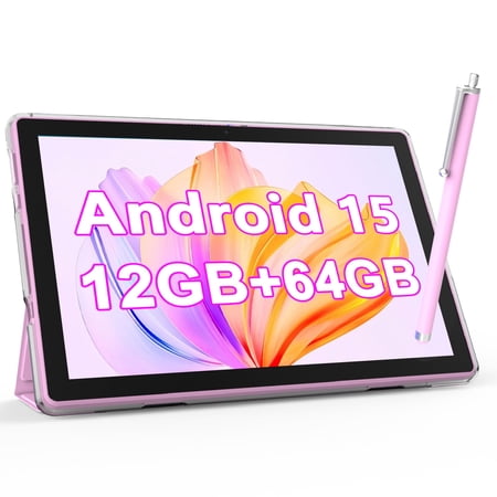 2 In 1 Android table 10 Inch With TabletS protective Case and Stylus Pen android 15 Tablet 5G WiFi-6 1280*800 full HD IPS display 6000mah 64GB ROM+12GB RAM (4+8 Virtual), 1024GB Expansion (Pink)