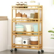 4-Tier Slim Storage Kitchen Cart, Utility Cart Storage Shelf Rack on Wheels, 7.1 Inch Width Bakers Rack for Narrow Place, Bamboo