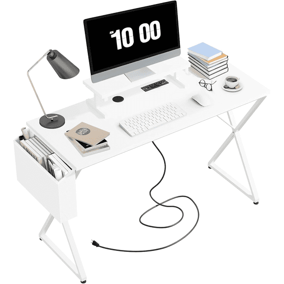 ZZBIQS 47" Office Desk with Monitor Stands and Fabric File Organizer, White Computer Desk Writing Gaming Table with Drawer and Power Outlets for Home Office