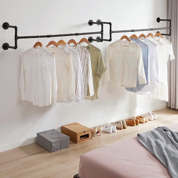 ZZBIQS Industrial Pipe Clothes Rack Set of 2, 40 inch Wall Mounted Clothing Rack, Space-Saving Hanging Closet Rod, Heavy Duty Multi-Purpose Garment Rack for Laundry Room(4 Bases), Black