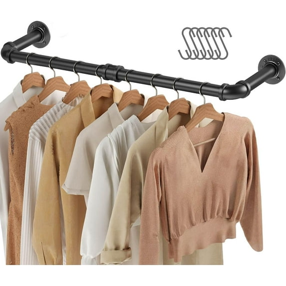 ZZBIQS Wall Mounted Clothes Rack, 36.2in Industrial Pipe Clothing Rack for Hanging Clothes, Space-Saving Closet Rod, Multi-Purpose Hanging Rod for Bedroom, Laundry Room, 2 Base (1 Pack)