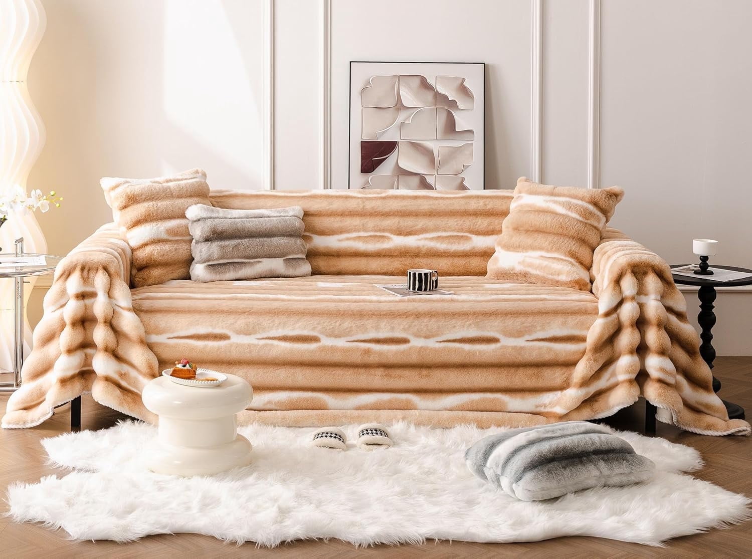 ZZCCC Faux Rabbit Fur Sofa Covers for Sectional Sofa Luxury Gradient ...