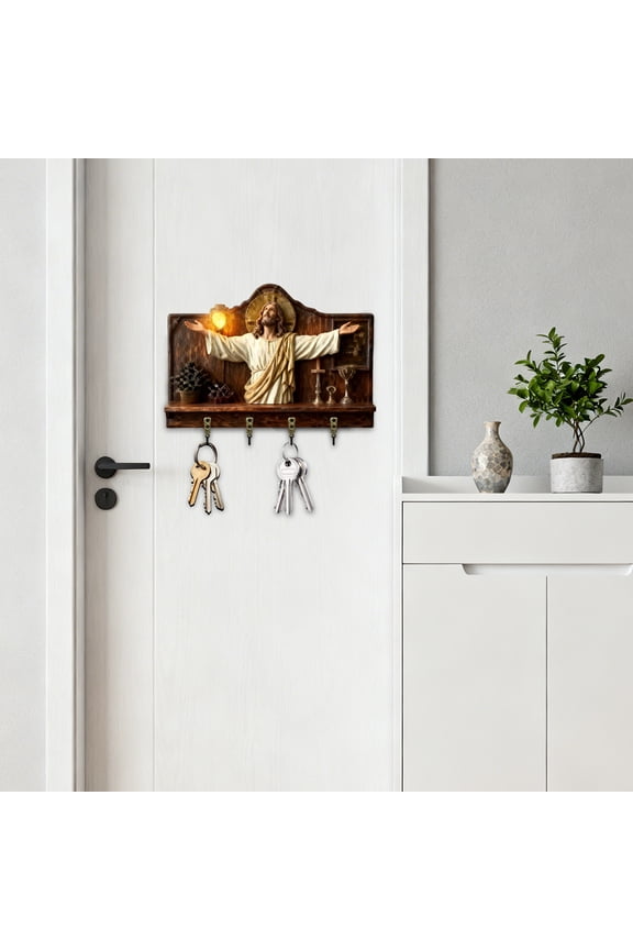 Can Topper Wooden Multifunctional Home Key Holder 2D Flat Wall Art Keychain Holder With 4 Hooks Autumn Wall Mounted Key Rack Welcome Sign Home