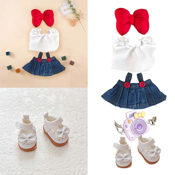 ZZERHUOO Doll Clothes (doll Not Included) Including Lace White Shirt + Red Button Denim Overalls Skirt + Red Bow + Purple Camera + White Shoes (five Piece Set) Pockets Dolls Penguin Nesting Dolls