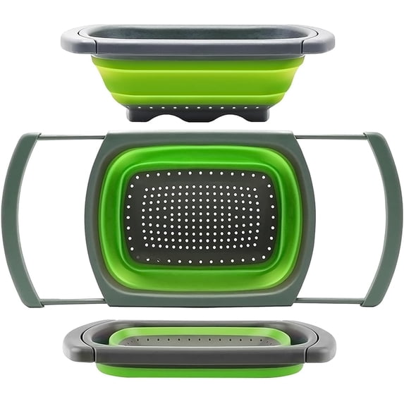 ZZERHUOO Large Kitchen Filter - Foldable silicone sink strainer with extendable handle - Suitable for use with pasta, fruits, berries and vegetables - Green