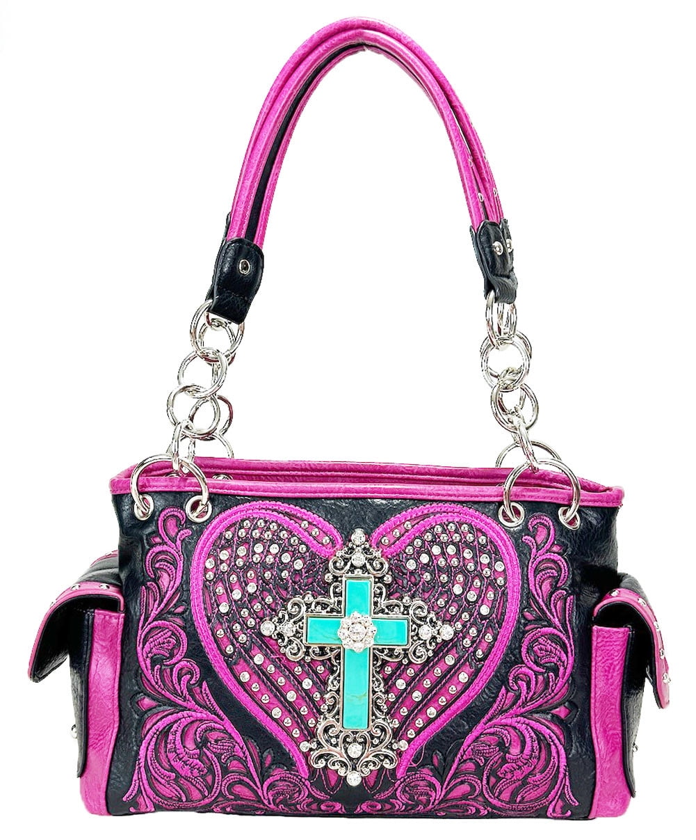 ZZFAB Rhinestone Angel Wing & Cross Western Handbag Fuchsia