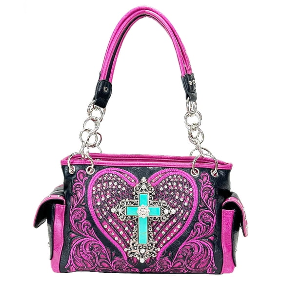 ZZFAB Rhinestone Angel Wing & Cross Western Handbag Fuchsia