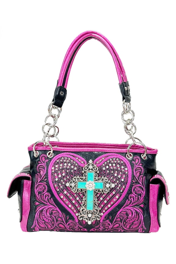 Rhinestone Angel Wing & Cross Western Handbag Fuchsia