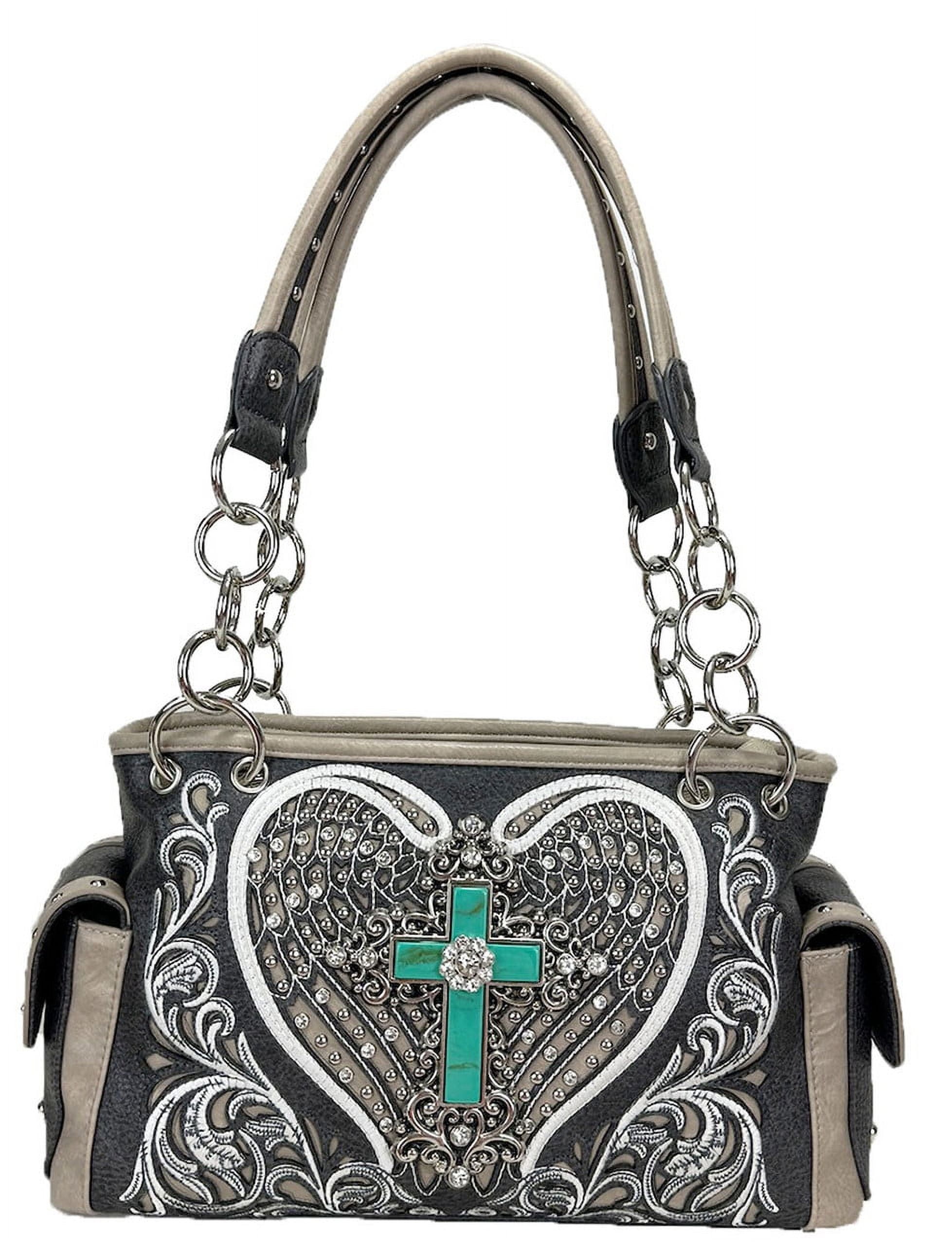 ZZFAB Rhinestone Angel Wing & Cross Western Handbag Grey